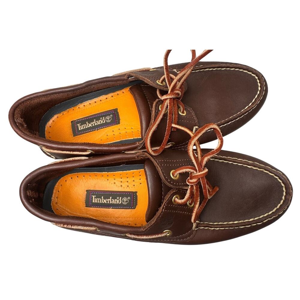 Vtg Timberland Brown Leather White Sole 2 Eye Boat Shoes 74035 Preppy Men Sz 9.5 - Picture 3 of 16